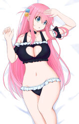 Rule 34 | 1girl, 3535mb, :o, bed sheet, bikini, black bikini, blue eyes, bocchi the rock!, breasts, cleavage, cleavage cutout, clothing cutout, cube hair ornament, feet out of frame, female focus, frilled bikini, frills, gotoh hitori, hair ornament, heart cutout, large breasts, long hair, looking to the side, lying, navel, on back, on bed, open mouth, pink hair, solo, sweatdrop, swimsuit