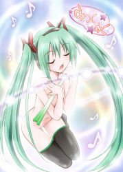 Rule 34 | 1girl, bad id, bad pixiv id, blush, closed eyes, flat chest, green hair, hatsune miku, headphones, long hair, music, nude, shiroi noria, singing, solo, spring onion, thighhighs, twintails, vocaloid