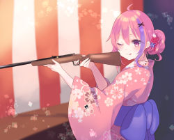 Rule 34 | 1girl, ;q, ahoge, blue flower, blurry, blurry background, blush, bow, closed mouth, commentary request, copyright request, depth of field, floral print, flower, gucchiann, gun, hair between eyes, hair bun, hair flower, hair ornament, hairclip, highres, holding, holding gun, holding weapon, japanese clothes, kimono, long sleeves, multicolored hair, obi, one eye closed, pink hair, pink kimono, print kimono, purple bow, purple eyes, purple hair, red flower, rifle, sash, single hair bun, smile, solo, streaked hair, tongue, tongue out, virtual youtuber, weapon, white flower, wide sleeves, x hair ornament