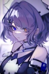 Rule 34 | 1girl, arknights, bare shoulders, black dress, blue eyes, blurry, blurry background, blush, breasts, brown eyes, cleavage, closed mouth, depth of field, detached sleeves, dress, feng bang, grey hair, hair intakes, hair ornament, heterochromia, highres, looking at viewer, medium breasts, puffy sleeves, solo, upper body, whisperain (arknights), x hair ornament