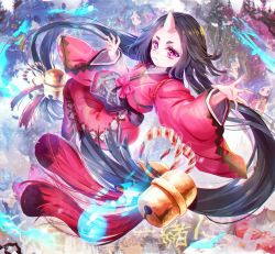 Rule 34 | 1girl, bell, borrowed character, commentary request, daikazoku63, floating hair, foreshortening, hair in own mouth, hair ornament, highres, horns, japanese clothes, jingle bell, kimono, long hair, long sleeves, looking at viewer, looking back, oni, oni horns, onmyoji, onmyouji, pink kimono, purple eyes, sash, single horn, solo, twintails, very long hair, wide sleeves, zashiki-warashi