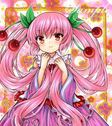 Rule 34 | 1girl, bare shoulders, blush, border, cherry, cherry blossoms, cherry hair ornament, closed mouth, detached sleeves, dot nose, floral background, flower, food, food-themed hair ornament, frilled shirt, frills, fruit, hair between eyes, hair ornament, hands up, hatsune miku, leaf, leaf hair ornament, long hair, long sleeves, looking at viewer, marker (medium), neck ribbon, outside border, pink background, pink flower, pink hair, pink skirt, pink sleeves, pink theme, red eyes, red ribbon, red trim, ribbon, rui (sugar3), sakura miku, sample watermark, shirt, skirt, sleeveless, sleeveless shirt, smile, solo, standing, traditional media, twintails, upper body, very long hair, vocaloid, watermark, white shirt, wide sleeves