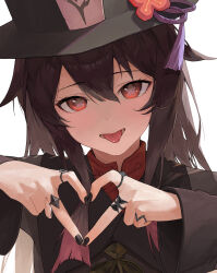 Rule 34 | 1girl, absurdres, black hat, black nails, blush, brown hair, chinese clothes, collared coat, flower, flower-shaped pupils, genshin impact, hair between eyes, hat, hat flower, hat tassel, heart, heart hands, highres, hu tao (genshin impact), inakanoinonaka, jewelry, long hair, multiple rings, open mouth, plum blossoms, porkpie hat, portrait, ring, sidelocks, simple background, solo, swept bangs, symbol-shaped pupils, thumb ring, tongue, tongue out, white background