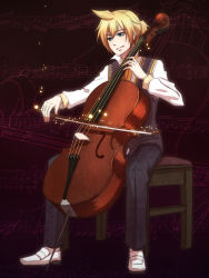 Rule 34 | 1boy, aqua eyes, blonde hair, bow (music), catwhathk, cello, highres, instrument, kagamine len, male focus, sitting, smile, solo, vocaloid