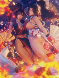 Rule 34 | 2girls, 3d, ass, bare shoulders, black hair, breasts, brown eyes, brown hair, cleavage, closed mouth, cosplay, crossover, fatal fury, final fantasy, final fantasy vii, final fantasy vii remake, fingerless gloves, fire, gloves, hand fan, high ponytail, highres, holding, holding fan, japanese clothes, kunoichi, large breasts, lips, long hair, looking at viewer, multiple girls, ninja, obi, parted bangs, pelvic curtain, petals, red eyes, revealing clothes, ria-neearts, sash, shiranui mai, shiranui mai (cosplay), sideboob, snk, square enix, swept bangs, the king of fighters, the king of fighters xv, thighs, tifa lockhart