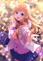 Rule 34 | 1girl, :d, bag, blonde hair, blue bag, blue eyes, blue skirt, blush, breasts, brown scarf, cardigan, commentary request, cowboy shot, fur-trimmed jacket, fur trim, hands up, highres, idolmaster, idolmaster cinderella girls, idolmaster cinderella girls starlight stage, jacket, jewelry, long hair, long sleeves, looking at viewer, miniskirt, namidako, ohtsuki yui, open clothes, open mouth, outdoors, outstretched arm, pink cardigan, plaid, plaid scarf, pleated skirt, scarf, skirt, smile, solo, teeth, upper teeth only, white jacket