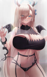 Rule 34 | 1girl, absurdres, against glass, alternate costume, asuna (blue archive), bare arms, bare shoulders, blue archive, blue eyes, blush, breasts, chisi, cuffs, demon horns, demon tail, demon wings, eyes visible through hair, hair over one eye, halo, handcuffs, highres, horns, large breasts, long hair, looking at viewer, mole, mole on breast, navel, parted lips, smile, solo, tail, teeth, thighs, wings
