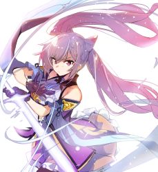 Rule 34 | 1girl, black pantyhose, breasts, closed mouth, cone hair bun, ddolggol, detached sleeves, dress, frilled dress, frills, genshin impact, gloves, hair bun, holding, holding sword, holding weapon, keqing (genshin impact), korean commentary, long hair, pantyhose, purple eyes, purple gloves, purple hair, simple background, solo, sword, twintails, weapon, white background, wide sleeves