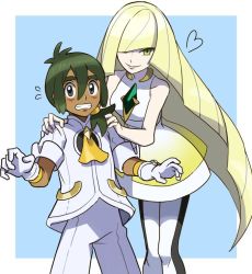 Rule 34 | 1boy, 1girl, bare arms, blonde hair, blush, clenched teeth, closed mouth, commentary request, creatures (company), dark-skinned male, dark skin, flying sweatdrops, game freak, gloves, green eyes, hair between eyes, hair over one eye, hands on another&#039;s shoulders, hau (pokemon), heart, janis (hainegom), long hair, looking at viewer, lusamine (pokemon), nintendo, pants, pokemon, pokemon sm, sleeves rolled up, smile, teeth, white gloves, white pants