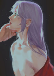 Rule 34 | aqua eyes, aries muu, bare shoulders, blurry, depth of field, emg (christain), eyelashes, from side, grabbing another&#039;s chin, hand on another&#039;s chin, long hair, male focus, nipples, off shoulder, out of frame, parted lips, pectorals, profile, purple hair, saint seiya, shade, short eyebrows, solo focus, tongue, upper body