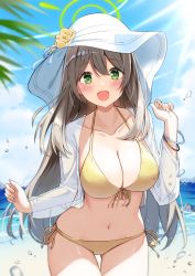 Rule 34 | 1girl, beach, bikini, blue archive, blue sky, blurry, blush, bracelet, breasts, brown hair, cleavage, cloud, collarbone, cowboy shot, day, flower, front-tie bikini top, front-tie top, gluteal fold, green eyes, halo, halterneck, hat, hat flower, highres, horizon, jewelry, large breasts, light brown hair, light rays, long hair, looking at viewer, mizumok1, navel, nonomi (blue archive), nonomi (swimsuit) (blue archive), ocean, open clothes, open mouth, outdoors, palm tree, side-tie bikini bottom, sky, smile, solo, stomach, string bikini, sun hat, sunbeam, sunflower, sunlight, swimsuit, thighs, tree, water, water drop, yellow bikini