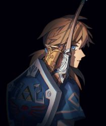 Rule 34 | 1boy, black background, blonde hair, blue eyes, blue shirt, bow (weapon), eyebrows, hair between eyes, hair tie, link, long hair, looking at viewer, looking back, male focus, nintendo, pale skin, parted lips, pointy ears, ponytail, profile, scabbard, sheath, shield, shirt, short sleeves, simple background, solo, solo focus, the legend of zelda, the legend of zelda: breath of the wild, triforce, tunic, weapon, weapon on back, werlosk