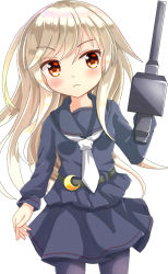 Rule 34 | 1girl, black pantyhose, black sailor collar, black serafuku, black shirt, black skirt, blouse, blush, cannon, closed mouth, commentary request, crescent, hair between eyes, hand up, holding, kantai collection, kikuzuki (kancolle), light brown hair, long hair, long sleeves, looking at viewer, necktie, pantyhose, pleated skirt, red eyes, sailor collar, school uniform, serafuku, shirt, sills, simple background, skirt, solo, very long hair, white background, white necktie