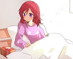 Rule 34 | 10s, 1girl, bad id, bad twitter id, bed, bed sheet, box, christmas, commentary, gift, gift box, hair between eyes, head rest, long sleeves, love live!, love live! school idol festival, love live! school idol project, messy hair, mii (nano0o0), nishikino maki, on bed, pajamas, pillow, purple eyes, purple shirt, red hair, shirt, solo, star (symbol), star print, under covers