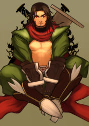 Rule 34 | 1boy, abs, absurdres, alternate hairstyle, blazblue, brown hair, center opening, facial hair, gloves, goatee, hair down, highres, huge weapon, long hair, looking at viewer, male focus, nail, over shoulder, pectorals, red eyes, scarf, shishigami bang, sitting, solo, tiger-league, weapon, weapon over shoulder
