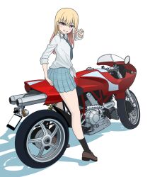 Rule 34 | 1girl, absurdres, aqua skirt, black socks, blonde hair, brown footwear, commentary, dress shirt, ducati, ducati mh900e, from side, front-tie top, grin, highres, kano (nakanotakahiro1029), kitagawa marin, loafers, long hair, long sleeves, looking at viewer, looking back, mixed-language commentary, motor vehicle, motorcycle, on motorcycle, pleated skirt, red eyes, school uniform, shadow, shirt, shoes, simple background, skirt, sleeves rolled up, smile, socks, solo, sono bisque doll wa koi wo suru, v, white background, white shirt