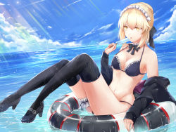 Rule 34 | 1girl, absurdres, artoria pendragon (alter swimsuit rider) (fate), artoria pendragon (alter swimsuit rider) (second ascension) (fate), artoria pendragon (fate), bikini, black bikini, black bow, black footwear, black jacket, black ribbon, black thighhighs, blonde hair, blue sky, bow, bowtie, breasts, choker, cleavage, clothes down, cloud, day, fate/grand order, fate (series), food, frilled bikini, frills, full body, hair between eyes, hair ribbon, highres, holding, holding food, ice cream, jacket, maid, maid bikini, maid headdress, mary janes, medium breasts, ocean, open clothes, open jacket, open mouth, outdoors, ribbon, shoes, short hair, sidelocks, sitting, sky, slime (user jpds8754), solo, sunlight, swimsuit, thigh strap, thighhighs, unconventional maid, yellow theme