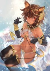 Rule 34 | 1girl, absurdres, animal ears, azomo, bare shoulders, black gloves, black thighhighs, bracelet, breasts, brown hair, cleavage, criss-cross halter, dark-skinned female, dark skin, egyptian clothes, elbow gloves, gloves, hair ornament, halterneck, highres, jewelry, large breasts, loincloth, looking at viewer, navel, no panties, original, pelvic curtain, red eyes, revealing clothes, short hair, single sidelock, smile, solo, thighhighs, usekh collar