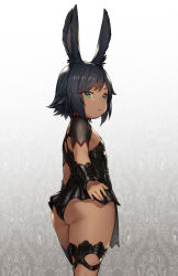 Rule 34 | 1girl, animal ear fluff, animal ears, aqua eyes, ass, black hair, child, cowboy shot, dark-skinned female, dark skin, female focus, final fantasy, final fantasy xiv, flat chest, from behind, frown, highres, houtengeki, lalafell, looking at viewer, looking back, petite, rabbit ears, short hair, solo, solo focus, swept bangs, thick thighs, thighs, viera, warrior of light (ff14), wide hips
