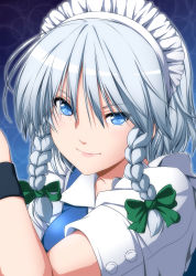 Rule 34 | &gt;:), 1girl, blue eyes, bow, braid, close-up, closed mouth, collared shirt, frills, gradient background, green bow, hair between eyes, hair bow, highres, izayoi sakuya, long hair, looking at viewer, maid, maid headdress, nori tamago, pink lips, shirt, short sleeves, silver hair, smile, solo, sweatband, touhou, twin braids, upper body, v-shaped eyebrows, white shirt, wing collar