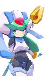 Rule 34 | 1girl, arm behind back, armor, cowboy shot, crotch plate, green hair, helmet, highres, holding, holding staff, looking at viewer, mega man (series), mega man zx, model w (mega man), pandora (mega man), power armor, red eyes, simple background, solo, staff, teto (y3832), white armor, white background, white helmet