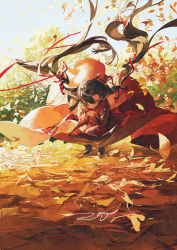 Rule 34 | 1girl, brown hair, closed eyes, closed mouth, crossed arms, day, dress, ginkgo tree, hair ribbon, highres, leaf, long hair, long sleeves, low twintails, original, outdoors, potg (piotegu), red dress, red ribbon, ribbon, solo, squatting, twintails, very long hair, yellow theme