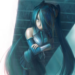 Rule 34 | 108, 1girl, aqua eyes, aqua hair, crossed arms, detached sleeves, foreshortening, from above, hair over one eye, hatsune miku, long hair, necktie, solo, thighhighs, twintails, vocaloid