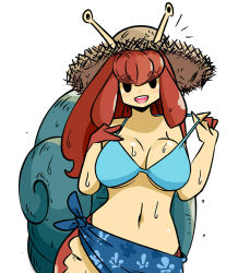 Rule 34 | 1girl, :d, bare arms, bare shoulders, bikini, bikini top only, blue bikini, breasts, brown hair, commentary, eyes visible through hair, hat, highres, large breasts, long hair, looking at viewer, monster girl, murgoten, navel, open mouth, original, sarong, simple background, smile, snail girl, snail knight (murgoten), snail shell, solid circle eyes, solo, stomach, straw hat, sweat, swimsuit, symbol-only commentary, white background