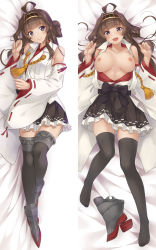 Rule 34 | ahoge, boots, breasts, breasts out, brown hair, dakimakura (medium), detached sleeves, double bun, hair bun, hairband, headgear, highres, japanese clothes, kantai collection, kochipu, kongou (kancolle), kongou kai ni (kancolle), large breasts, long hair, lying, nipples, nontraditional miko, on back, on side, purple eyes, ribbon-trimmed sleeves, ribbon trim, smile, thigh boots