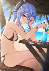 Rule 34 | 1girl, absurdres, bangle, beach, beach umbrella, bead bracelet, beads, bikini, black bikini, blue eyes, blue hair, blue nails, blue sky, bracelet, breasts, cherry, cloud, commentary request, crossed legs, cup, day, drinking glass, drinking straw, elbow rest, feet out of frame, food, fork, fruit, halterneck, high ponytail, highres, hololive, hoshimachi suisei, ice, ice cube, jewelry, ketchup, knife, legs, looking at viewer, nail polish, navel, outdoors, palm tree, parted lips, pendant, plate, ponytail, revision, side-tie bikini bottom, sitting, sky, small breasts, solo, star (symbol), star in eye, stomach, string bikini, swimsuit, symbol in eye, table, thighs, tree, umbrella, utensil, virtual youtuber, yozora (1wkdgusdn)