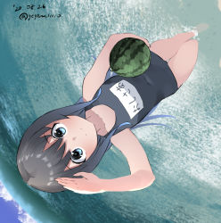 Rule 34 | 1girl, asashio (kancolle), black hair, blue eyes, blue sky, cloud, commentary request, covered navel, day, flat chest, food, fruit, gegeron, highres, horizon, kantai collection, long hair, looking at viewer, name tag, ocean, outdoors, salute, school swimsuit, sky, soaking feet, solo, swimsuit, upside-down, wading, water, watermelon