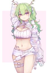 Rule 34 | 1girl, antlers, bandeau, bow, branch, breasts, buckle, ceres fauna, cleavage, closed mouth, commentary, cosplay, english commentary, flower, gloves, green hair, hair bow, hair flower, hair ornament, highres, hip tattoo, hololive, hololive english, hooded shrug, horns, large breasts, long hair, looking at viewer, mole, mole under eye, navel, ribbed bandeau, see-through, see-through sleeves, shorts, side ponytail, snap-fit buckle, solo, strap, strapless, tokoyami towa, tokoyami towa (5th costume), tokoyami towa (cosplay), tree horns, tube top, two-sided gloves, ty4nak, virtual youtuber, white background, white bandeau, white gloves, white shorts, white shrug, white tube top, winged heart tattoo, yellow eyes