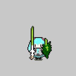 Rule 34 | 1girl, aqua hair, blush stickers, commentary, creatures (company), food, game freak, gen 8 pokemon, grey background, hatsune miku, holding, holding food, holding shield, holding spring onion, holding vegetable, koume 64, leaf, long hair, lowres, necktie, nintendo, parody, pixel art, pokemon, shield, simple background, sirfetch&#039;d, solo, spring onion, twintails, vegetable, vocaloid
