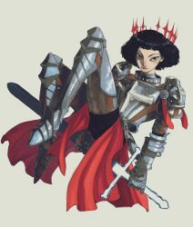 Rule 34 | 1girl, al sahim, armor, black hair, floating crown, gauntlets, highres, holding, holding weapon, jeanne d&#039;arc, looking at viewer, real life, short hair, simple background, solo, sword, tagme, weapon