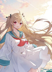 Rule 34 | 1girl, :d, absurdres, ahoge, atri, atri-my dear moments-, blue sailor collar, collarbone, dress, feng1180, hair ribbon, highres, light brown hair, long hair, long sleeves, looking at viewer, neckerchief, ocean, open mouth, orange sky, outdoors, red eyes, red neckerchief, ribbon, sailor collar, sailor dress, sky, sleeves past wrists, smile, solo, two side up, very long hair