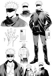 Rule 34 | 1boy, abs, bag, blindfold, ccccc (jpn m0), closed mouth, covered eyes, gojou satoru, greyscale, highres, holding, holding bag, iphone 13 pro, jacket, jujutsu kaisen, male focus, monochrome, multiple views, muscular, muscular male, navel, open clothes, open mouth, open shirt, pants, pectorals, round eyewear, scar, scar on chest, shirt, shopping bag, short hair, smile, sunglasses, twitter username