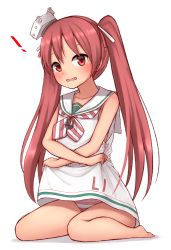 Rule 34 | !, 1girl, barefoot, blush, brown hair, clothes lift, collarbone, dark-skinned female, dark skin, dress, fang, full body, hat, highres, kantai collection, libeccio (kancolle), long hair, looking at viewer, mini hat, panties, red eyes, red hair, sailor dress, simple background, skirt, skirt lift, sleeveless, sleeveless dress, solo, striped clothes, striped panties, tiemu (man190), twintails, underwear, white background, white dress