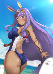 Rule 34 | 1girl, ass, bare shoulders, bikini, blush, bracelet, breasts, butt crack, collarbone, competition swimsuit, cowboy shot, dark-skinned female, dark skin, day, dutch angle, earrings, facial mark, fate/grand order, fate (series), from behind, hairband, highres, hoop earrings, jewelry, large breasts, long hair, looking at viewer, medjed (fate), nitocris (fate), ocean, one-piece swimsuit, outdoors, purple eyes, purple hair, sidelocks, sky, smile, swimsuit, thighs, twisted torso, untue, very long hair, water, white bikini