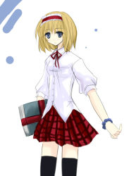 Rule 34 | 1girl, alice margatroid, alternate costume, black thighhighs, blonde hair, blue eyes, book, checkered clothes, checkered skirt, contemporary, fastbond, hair ribbon, ribbon, school uniform, short hair, simple background, skirt, solo, thighhighs, touhou, white background