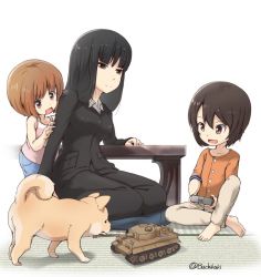 Rule 34 | 3girls, aged down, barefoot, black eyes, black hair, black jacket, black pants, blue shorts, blunt bangs, brown eyes, brown hair, brown pants, buchikaki, closed mouth, commentary, controller, cushion, dog, dress shirt, formal, girls und panzer, jacket, long hair, looking at another, military, military vehicle, model tank, mother and daughter, motor vehicle, multiple girls, nishizumi maho, nishizumi miho, nishizumi shiho, open mouth, orange shirt, pant suit, pants, pink shirt, remote control, seiza, shiba inu, shirt, short hair, short sleeves, shorts, siblings, sisters, sitting, smile, standing, straight hair, suit, table, tank, tank top, tatami, tiger i, twitter username, white background, white shirt, zabuton