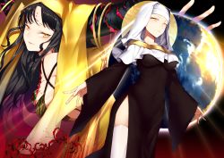 Rule 34 | 2girls, absurdres, black dress, black hair, breasts, check commentary, chinese commentary, commentary, commentary request, dress, earth (planet), facial mark, fate/grand order, fate (series), flower, forehead mark, forehead tattoo, habit, highres, horn ornament, horn ring, horns, iiiroha, jewelry, large breasts, leaning forward, long hair, long sleeves, looking at viewer, looking away, multiple girls, necklace, parted bangs, parted lips, planet, red flower, sessyoin kiara, sessyoin kiara (beast iii/r), side slit, sidelocks, smile, spider lily, standing, tassel, thighhighs, veil, white legwear, wide sleeves, yellow eyes