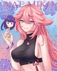 Rule 34 | 1girl, absurdres, animal ears, bare shoulders, black shirt, breasts, character name, commentary, crop top, food, fox ears, genshin impact, grin, hair between eyes, hand up, highres, holding, holding food, holding popsicle, hollow mimikyu, large breasts, long hair, looking at viewer, midriff, pink hair, popsicle, purple eyes, raiden shogun, shirt, sideboob, sleeveless, sleeveless shirt, smile, upper body, very long hair, yae miko