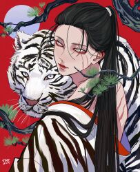 Rule 34 | 1boy, absurdres, androgynous, animal print, back, bishounen, black hair, branch, chinese zodiac, closed mouth, from behind, full moon, highres, japanese clothes, kagoya1219, kimono, long hair, looking at viewer, looking back, male focus, moon, off shoulder, original, pine tree, ponytail, print kimono, red background, sanpaku, scar, scar across eye, scar on back, signature, solo, straight hair, tiger, tiger print, tree, upper body, white eyes, white kimono, white tiger, year of the tiger