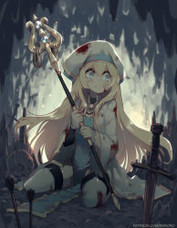 Rule 34 | 1girl, arrow (projectile), artist name, blonde hair, blood, blood on clothes, blue eyes, blush, boots, cave, crying, goblin slayer!, hat, highres, holding, holding staff, injury, long hair, long sleeves, looking to the side, parororo, planted, planted arrow, planted sword, planted weapon, priestess (goblin slayer!), scared, sitting, skull, solo, staff, sword, tears, thigh boots, thighhighs, torn clothes, wariza, watermark, weapon, web address, white hat, white thighhighs, wide sleeves