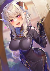Rule 34 | 1girl, armored gloves, black dress, blurry, blurry background, blush, breasts, dress, gloves, gold, horns, kibanda gohan, large breasts, looking at viewer, navel, nun, open mouth, original, pantyhose, priestess, red eyes, silver hair