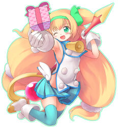 Rule 34 | 1girl, :d, bell, blazblue, blonde hair, blue shirt, blue thighhighs, blush, boots, bow, commentary request, emurin, flat chest, full body, gift, gloves, green eyes, green outline, hair bow, hairband, heart, heart-shaped pupils, highres, long hair, looking at viewer, low-tied long hair, miniskirt, one eye closed, open mouth, outline, platinum the trinity, pleated skirt, pom pom (clothes), quad tails, santa costume, shirt, simple background, skirt, smile, solo, symbol-shaped pupils, thighhighs, very long hair, white background, white bow, white footwear, white gloves, white hairband