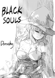 Rule 34 | 1girl, 625214684, absurdres, against tree, bare shoulders, black souls, breasts, character name, cleavage, closed eyes, closed mouth, collarbone, copyright name, detached sleeves, dorothy (black souls), greyscale, hair between eyes, hair ribbon, hat, highres, large breasts, light smile, long hair, long sleeves, monochrome, ribbon, simple background, solo, tree, white background, witch hat