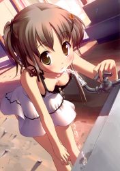Rule 34 | 1girl, absurdres, blush, breasts, brown eyes, brown hair, cleavage, downblouse, dress, drinking, drinking fountain, eyebrows, faucet, flower, fountain, hair flower, hair ornament, hand on own knee, highres, leaning forward, medium breasts, no bra, ponytail, sleeveless, solo, takoyaki (roast), water