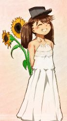 Rule 34 | 1girl, arms behind back, brown hair, collarbone, dress, closed eyes, flower, grin, highres, kantai collection, namakura neo, ryuujou (kancolle), smile, solo, sundress, sunflower, twintails, visor cap, white dress