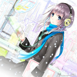 Rule 34 | 1girl, blue eyes, blue scarf, headphones, holding, kazuharu kina, looking at viewer, original, purple hair, scarf, school uniform, solo, whiteunion